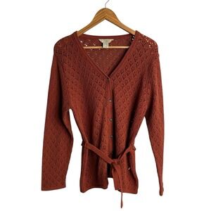 Teddi Womens Sweater Large Brown Rust Open Knit Tie Waist Boho Indie Cottagecore